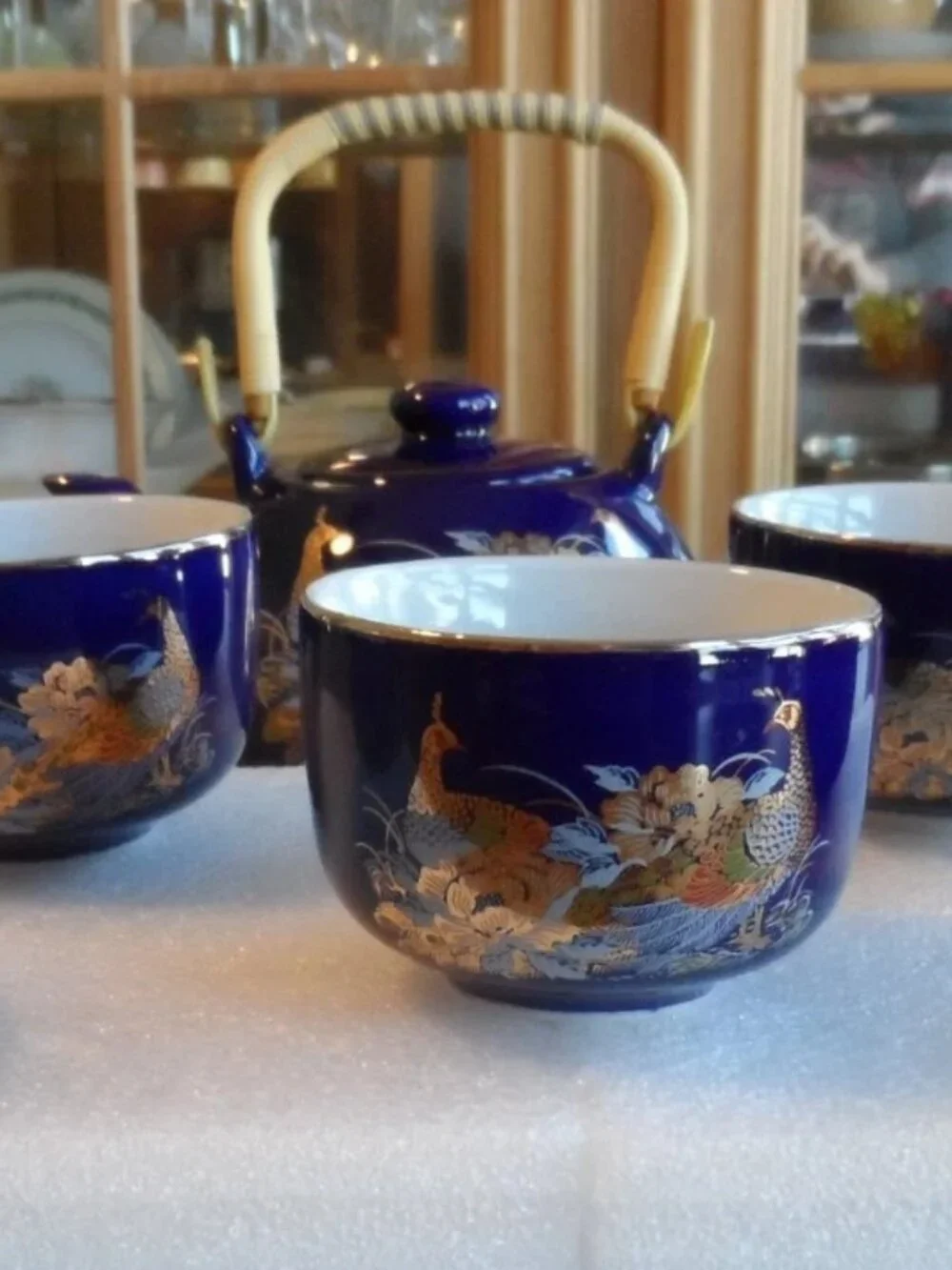 Japanese Cobalt Blue Teapot + 5 Cups Peacock/Floral/Gold Trim Bamboo Handle VTG